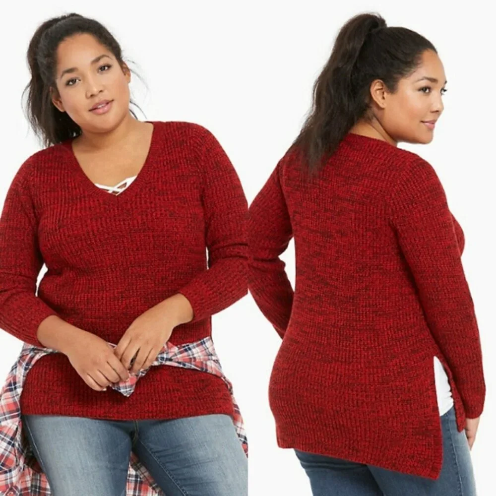 Torrid RED MARLED KNIT V-NECK Long Sleeve SWEATER EUC sz 3X